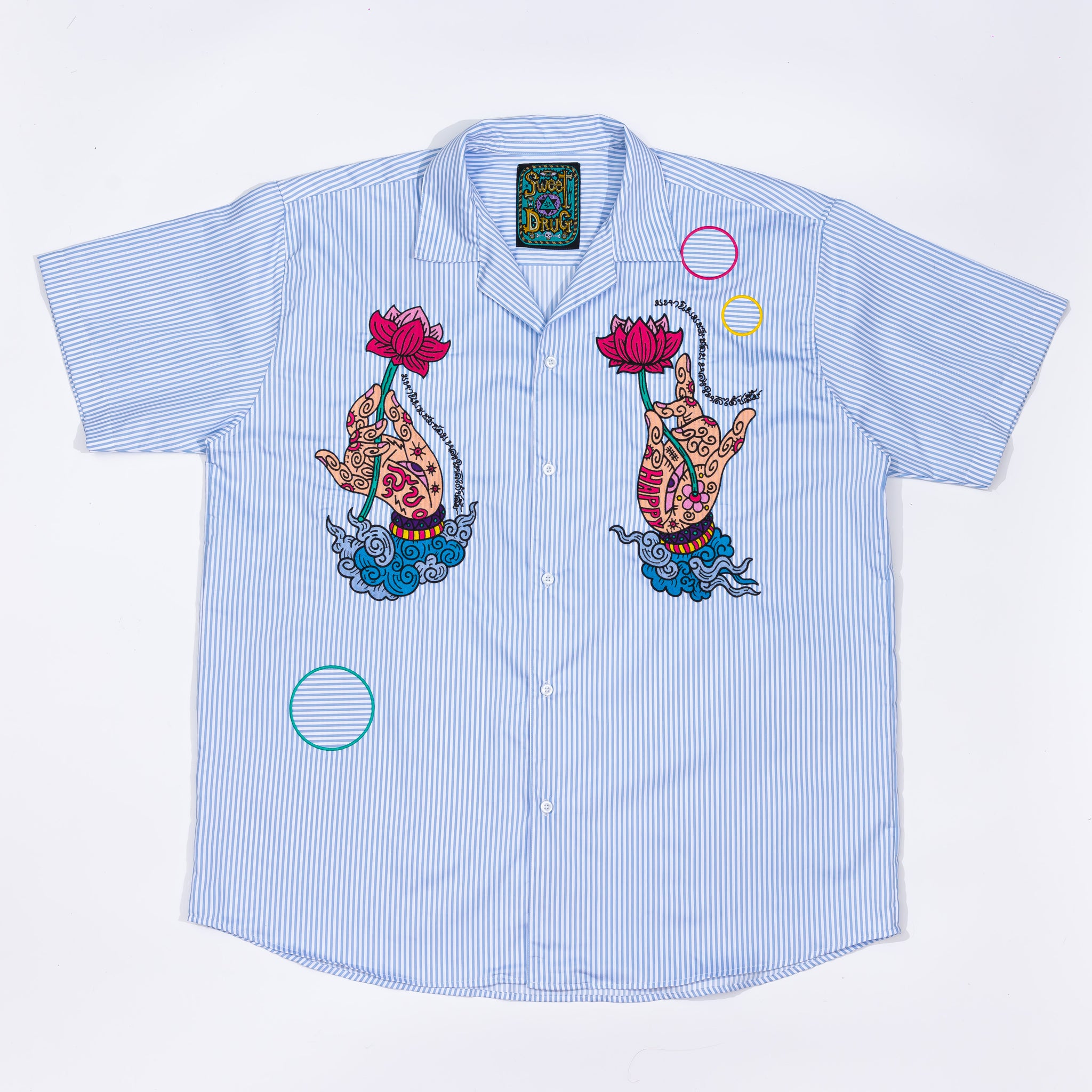 SHIRT in striped cotton with lotus pattern embroidery