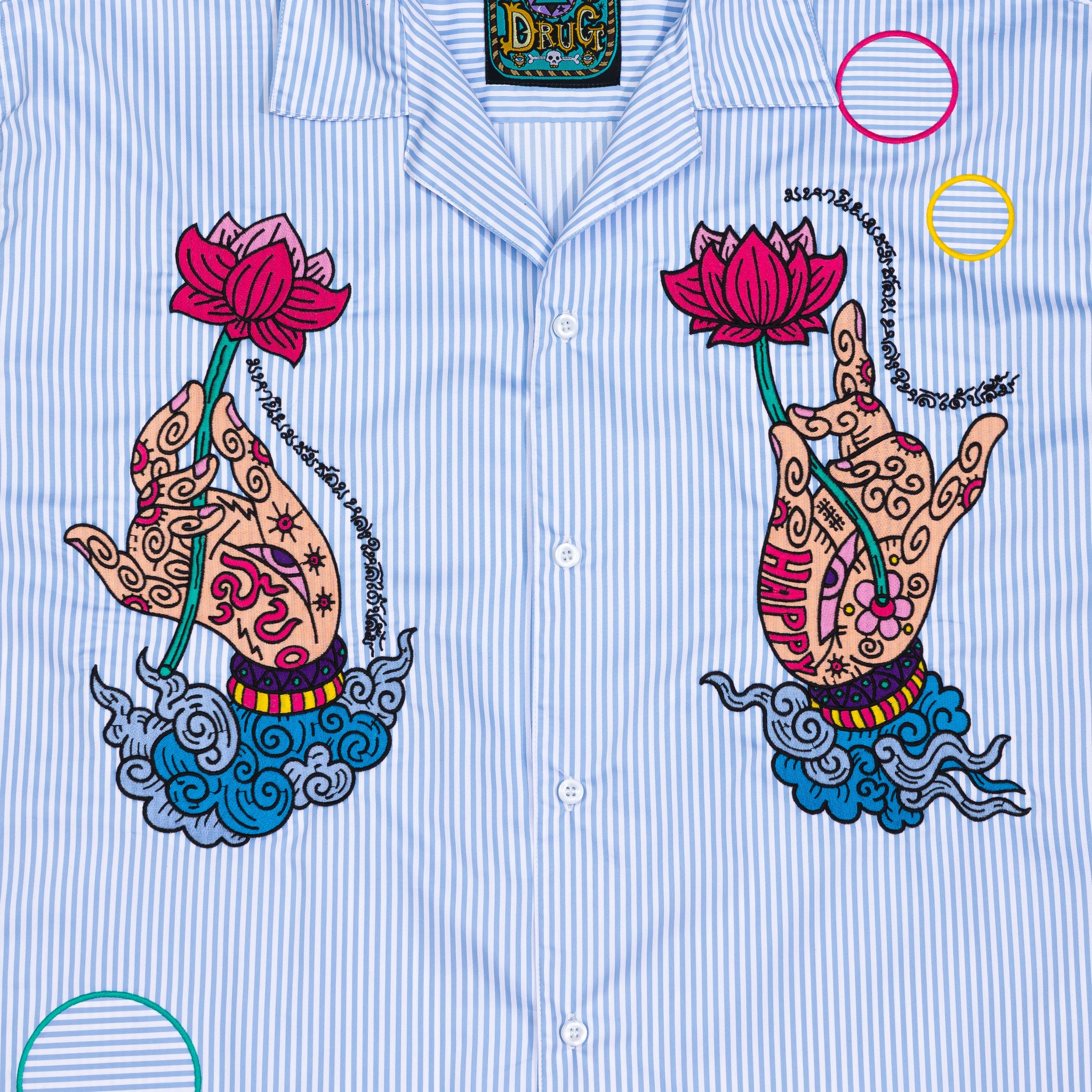 SHIRT in striped cotton with lotus pattern embroidery