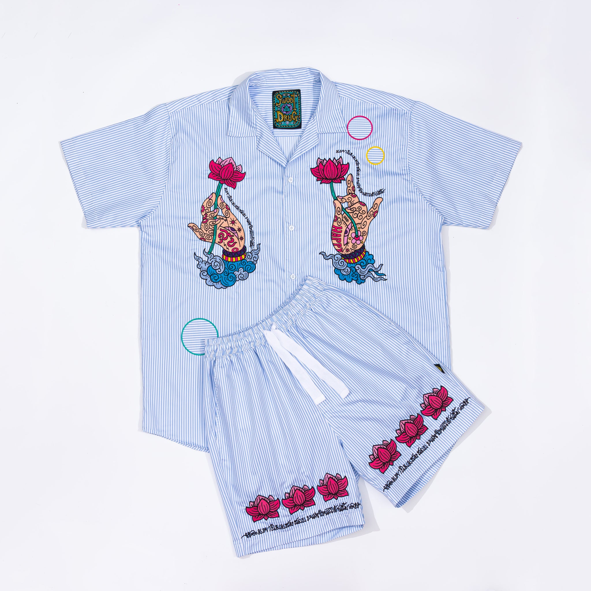 SHIRT in striped cotton with lotus pattern embroidery