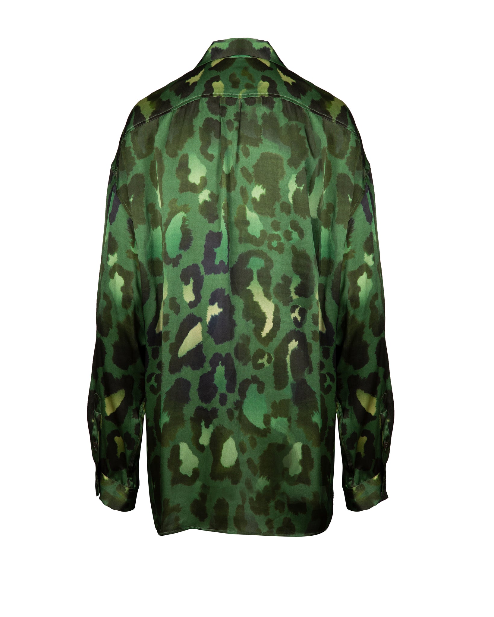 Army Green Leopard Oversized Silk Print Shirt