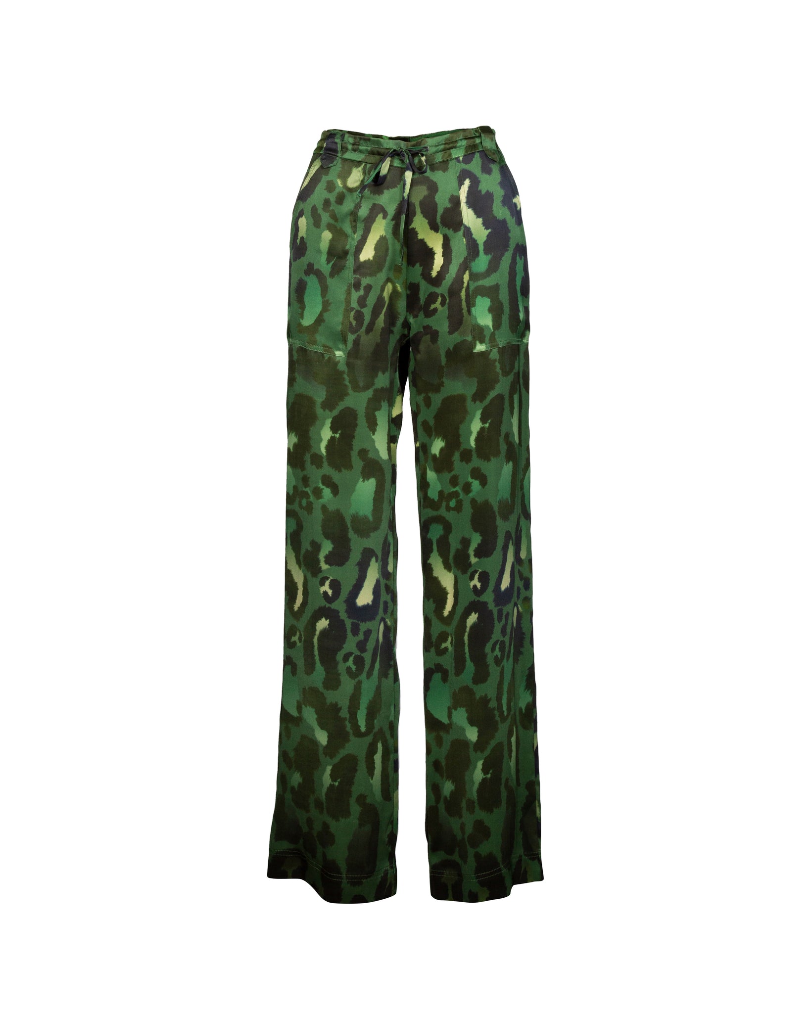 Army Green Leopard Print Long Silk Pants