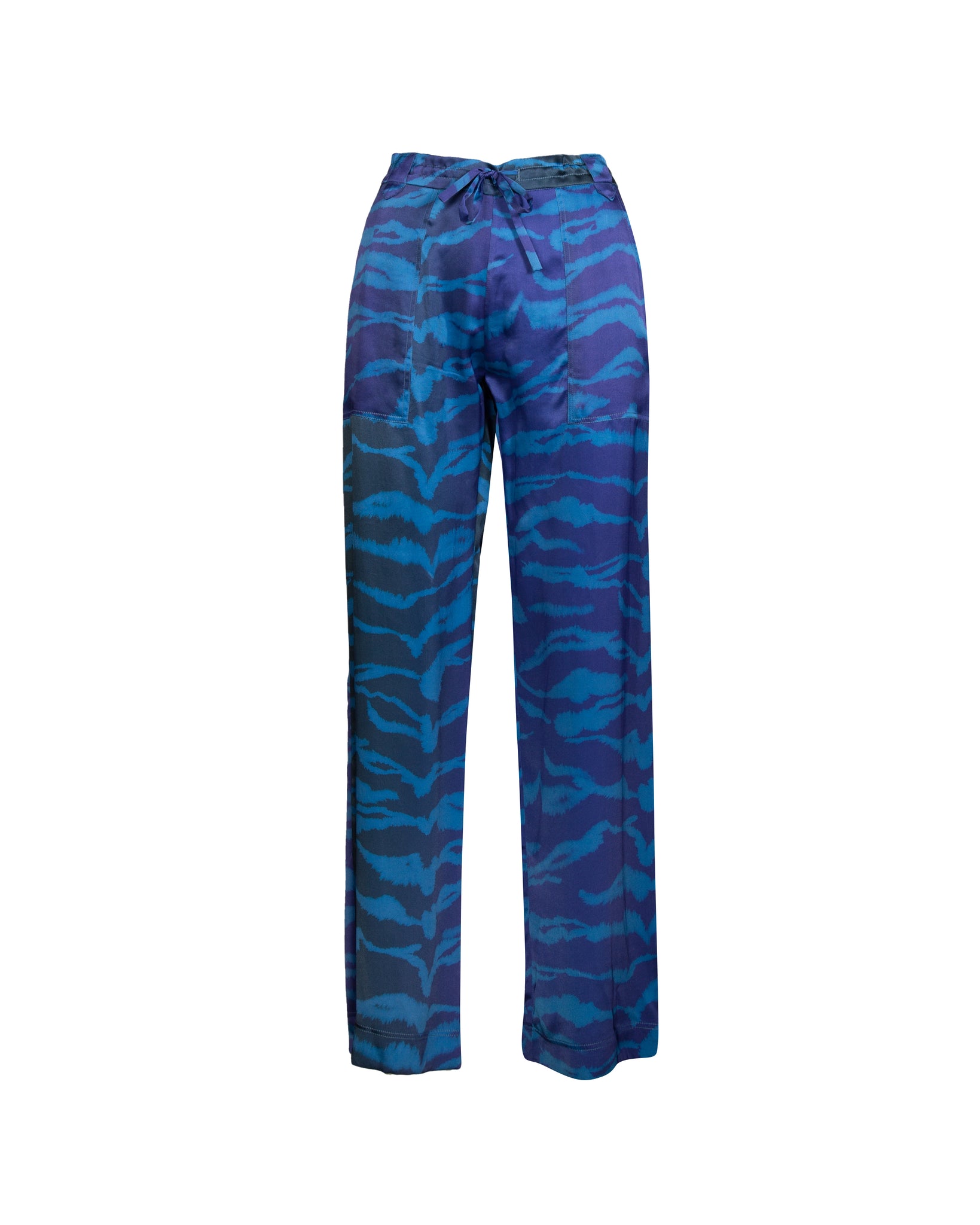 Blue Marine Print Long Silk Pants